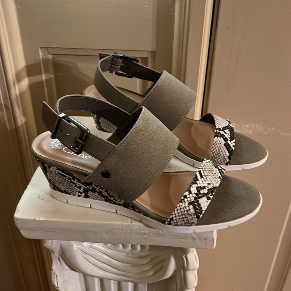 Wedge heels, with print, from Jessica Cline.  Size 9 New— never worn.